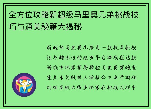 全方位攻略新超级马里奥兄弟挑战技巧与通关秘籍大揭秘